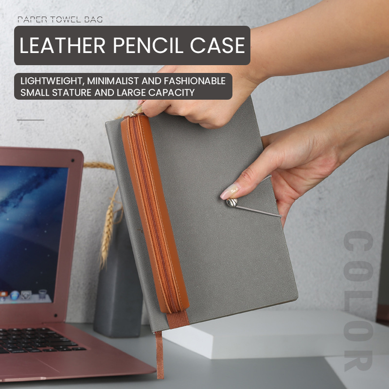 PU Couro Pen Holder com Zíper  - Leather Work Notebook avaliação e preço